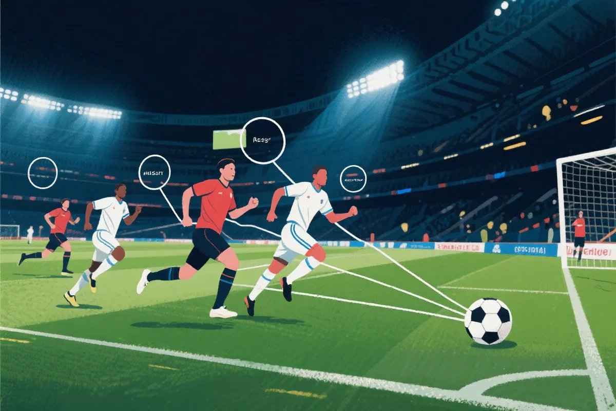 实战截图风格：球员无球跑位与传球线路标注